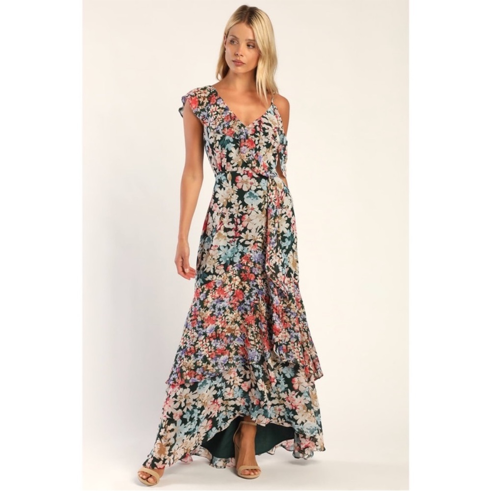 NWOT Lulus Radiant Hunter Green Floral Print Chiffon Maxi Dress Small